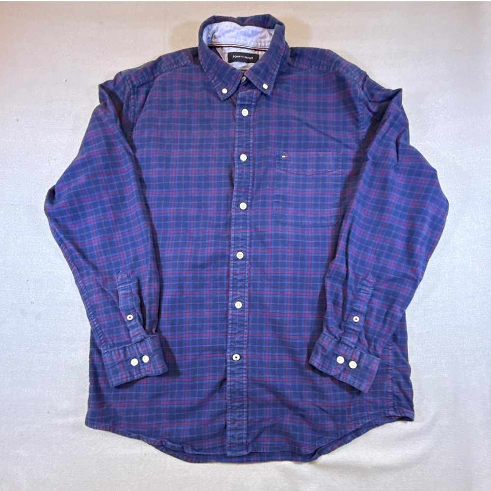 Tommy Hilfiger Men Navy Blue Burgundy Plaid Flannel Shirt Classic L 78J6525 2301